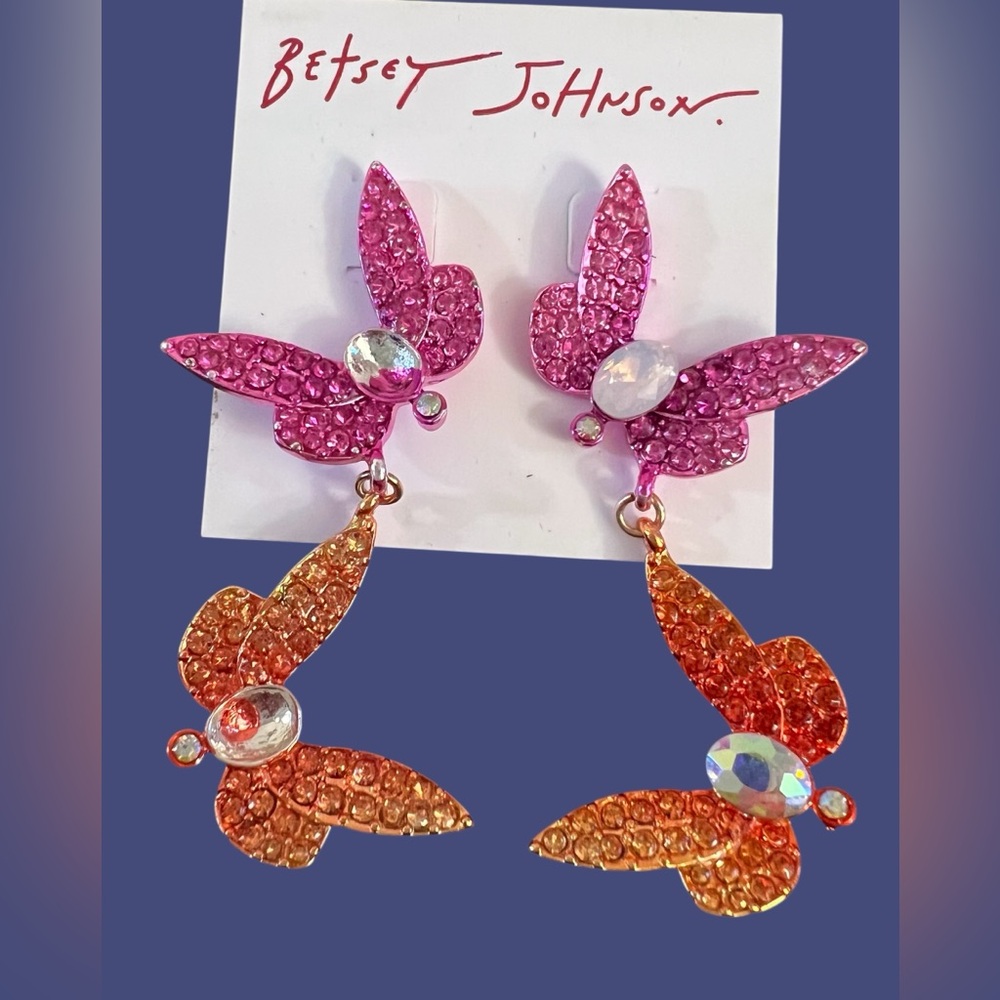 Betsey Johnson Pink and Orange Crystal Butterfly Earrings